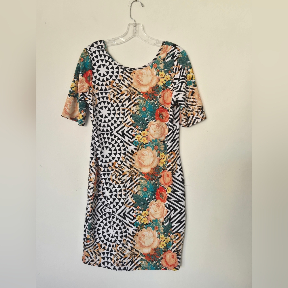 Nicki Minaj Black Geometric Midi Dress with Teal & Coral Floral Stripe